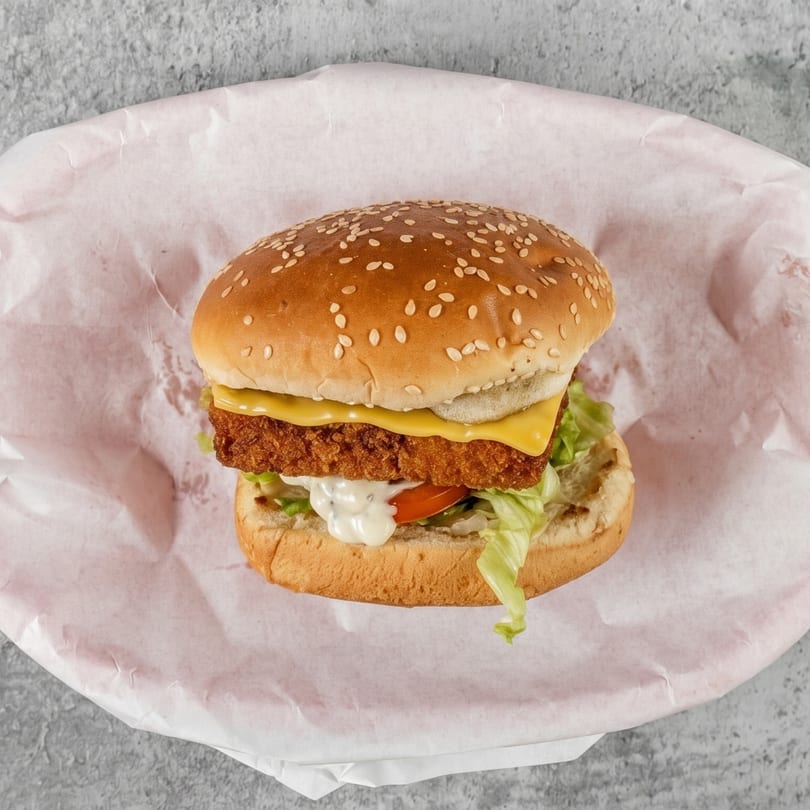 A crispy fish burger with cheese, lettuce, tomato, and tartar sauce on a sesame seed bun.