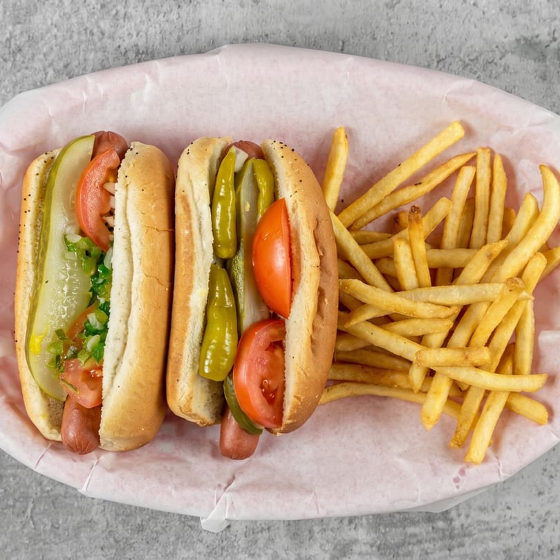 Two hot dogs with various toppings and a side of golden french fries in a paper-lined basket.