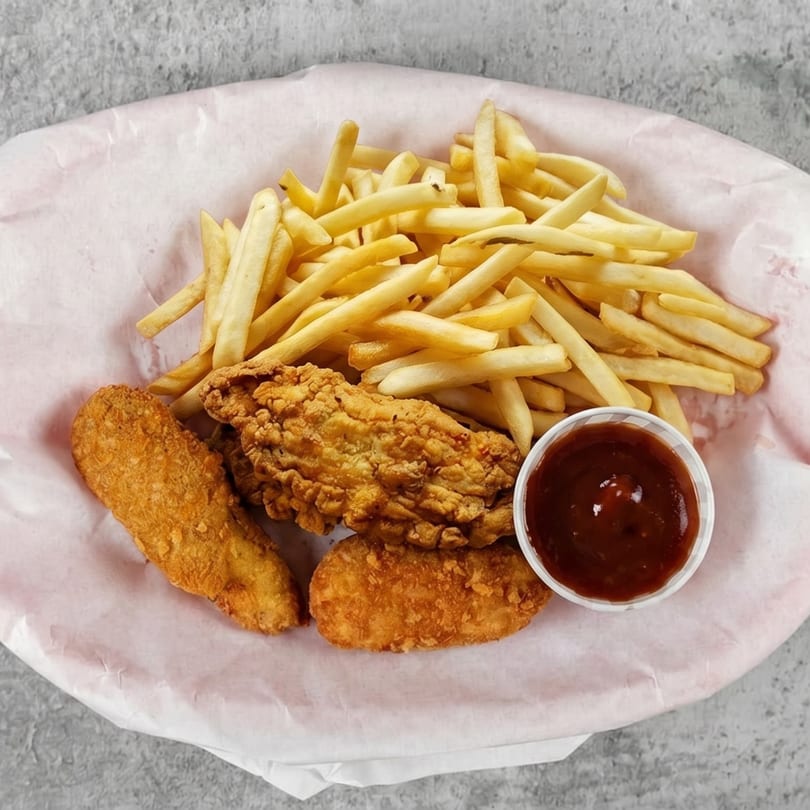 Crispy fried chicken tenders and golden french fries with a side of barbecue sauce in a basket.